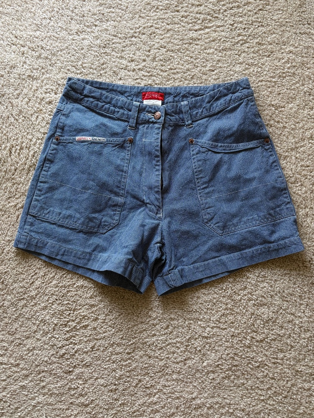 Vintage 90s ESPRIT Striped Denim Utility Shorts High Waisted Patch Pockets 90’s